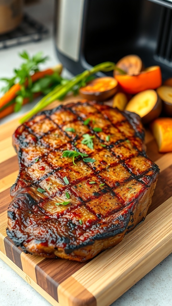 Juicy air fryer steak garnished with herbs on a wooden board with roasted vegetables.